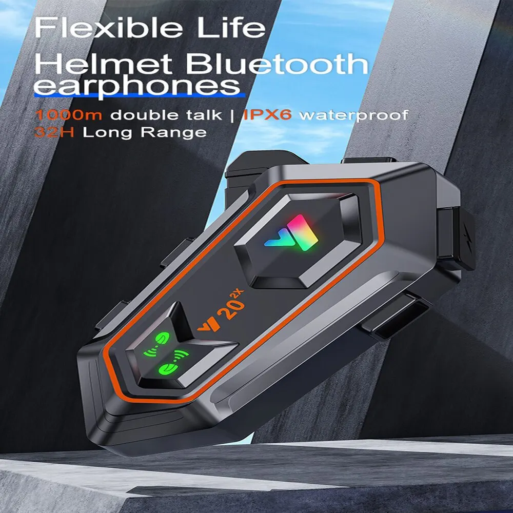 Y20 2X Motorcycle Helmet Bluetooth Headset 2-Riders Intercom 1000M RGB Light IPX6 Waterproof BT5.0 Voice Assistant Music Player