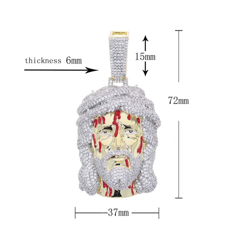 Iced Out Bling Cubic Zirconia Red Enamel Jesus Piece Pendant Necklace Two Tone Color Charm For Men Hip Hop Jewelry