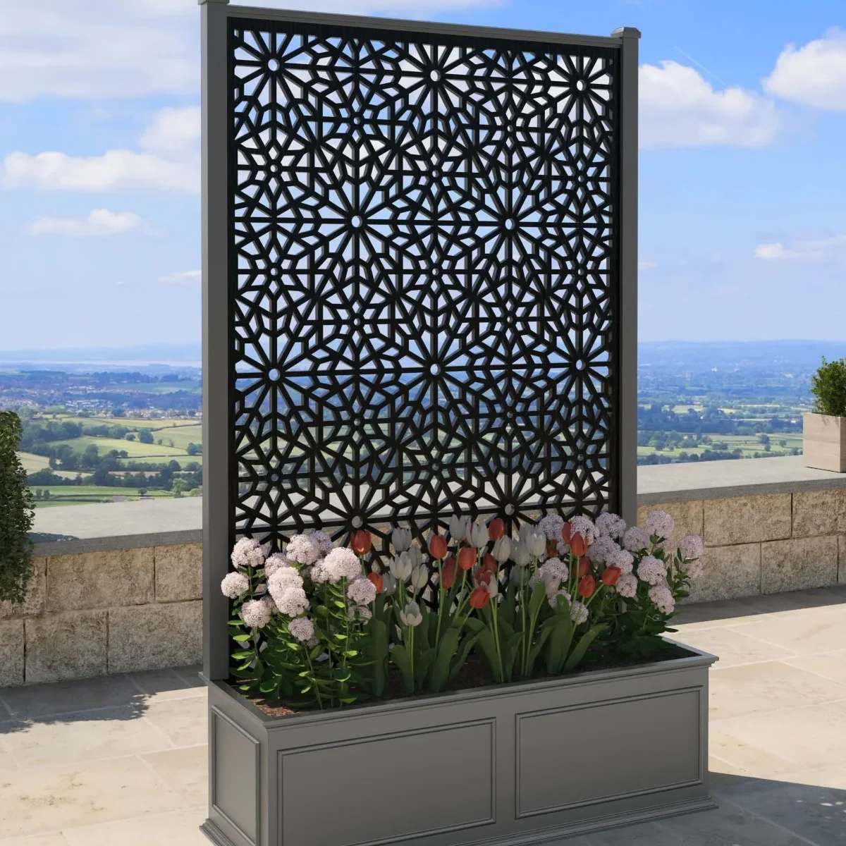 a for Factory Powder Coated Aluminum Laser Cut Privacy Screen Decorative Outdoor Garden Partition with Planter Box view 3