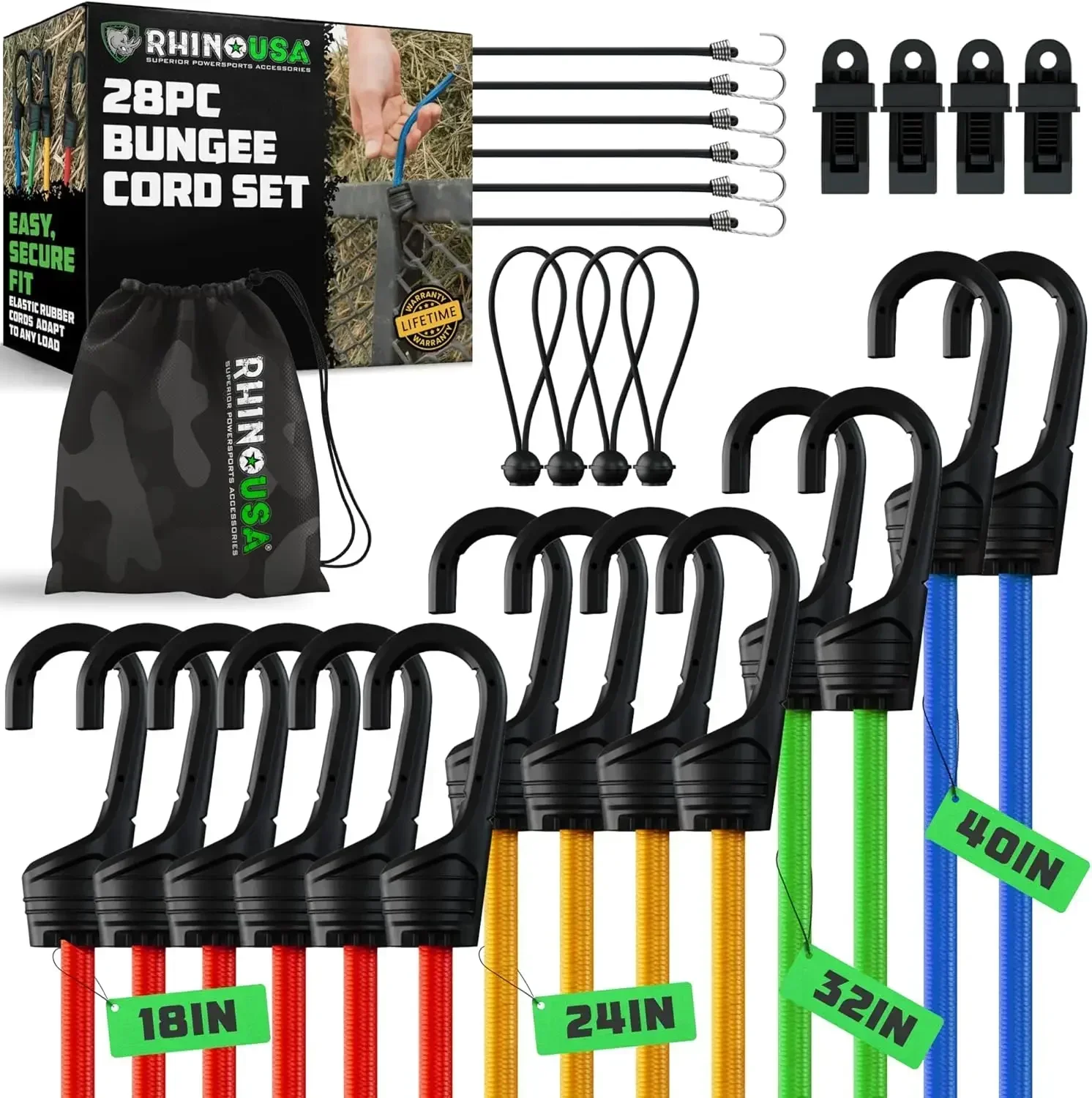 

Bungee Cords with Hooks (28-Piece) Heavy Duty Outdoor Bungee Straps with Small, Short and Long Sizes - 4 Free Tarp Clips