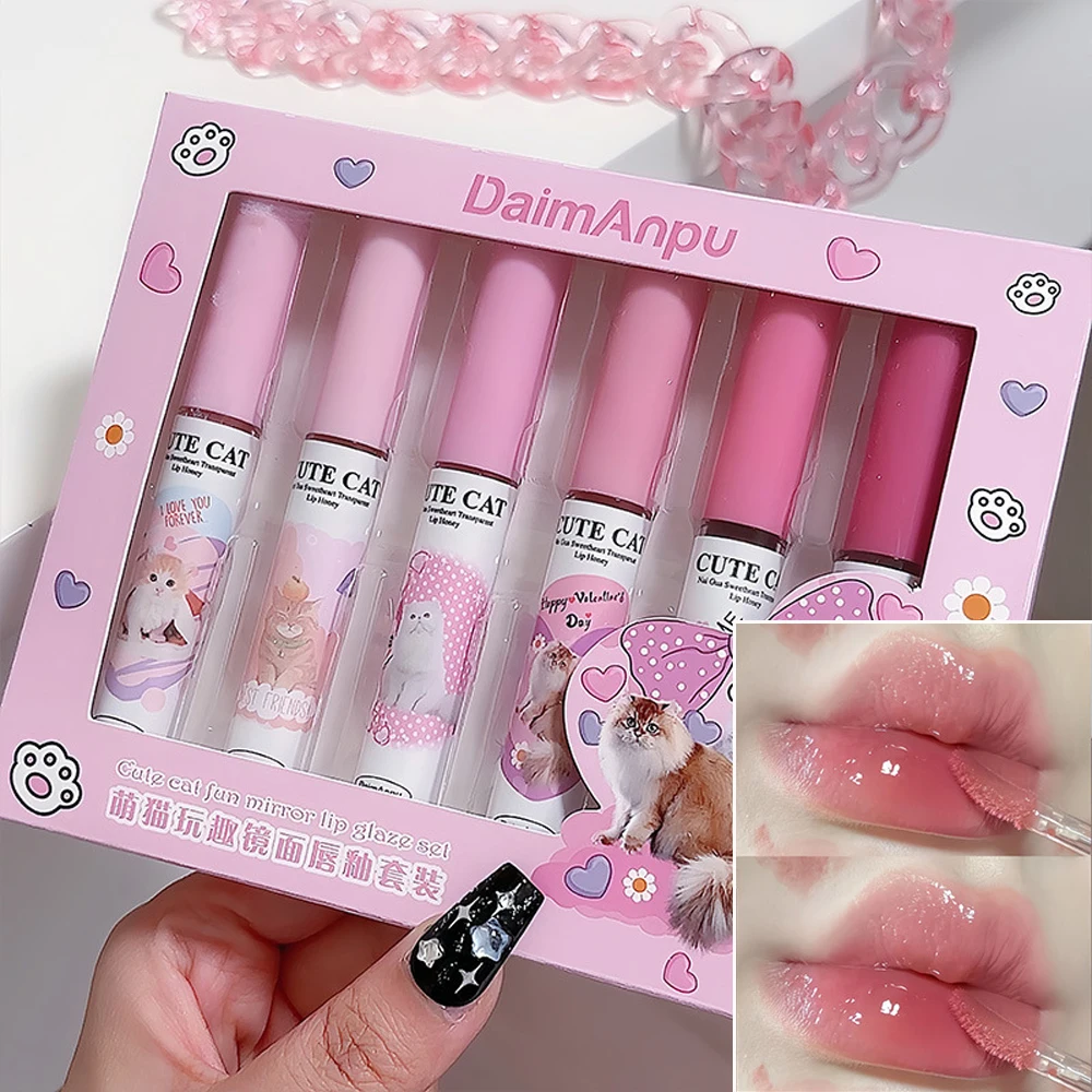 6 Stuks Spiegel Lip Glazuur Set Water Licht Kat Vloeibare Lippenstift Niet Gemakkelijk Te Vervagen Blijvende Waterdichte Lipgloss Rode Lippen Make-Up Cosmetisch