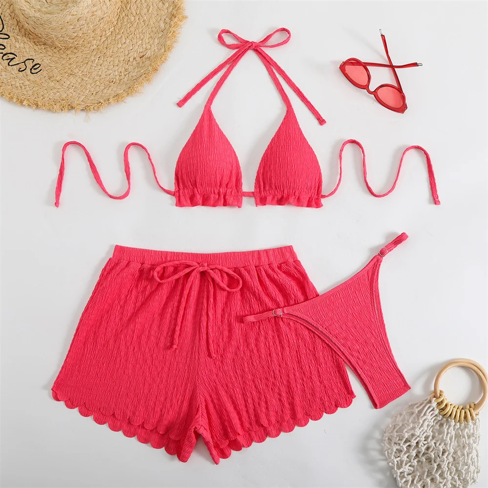 Sexy Wrinkled Pleated Bikini Scalloped Shorts Set Women 3 Piece Solid Swimsuit Halter String Backless Swimwears Ruched Beachwear