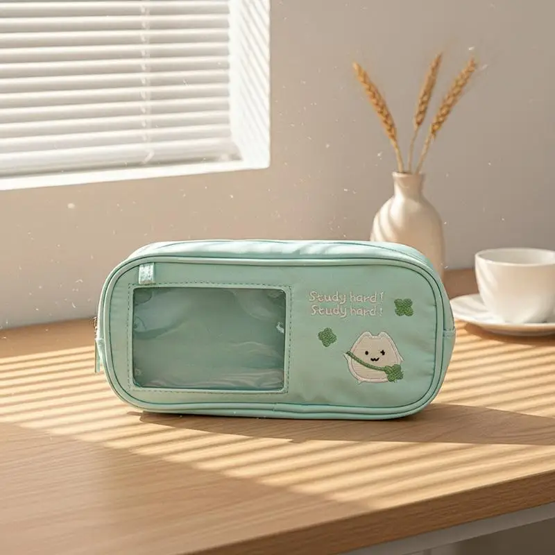 Cute Pencil Case Clear Window Large Capacity Scratch Resistant Stationery Organizer for Kids Students Home School Office Use