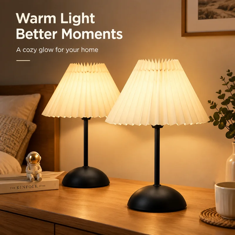 Table Lamp Nordic Vintage Metal Pleated Shade Warm Ambient Bedside Light for Bedroom Dorm Guesthouse Sleep Decor Home Lighting!