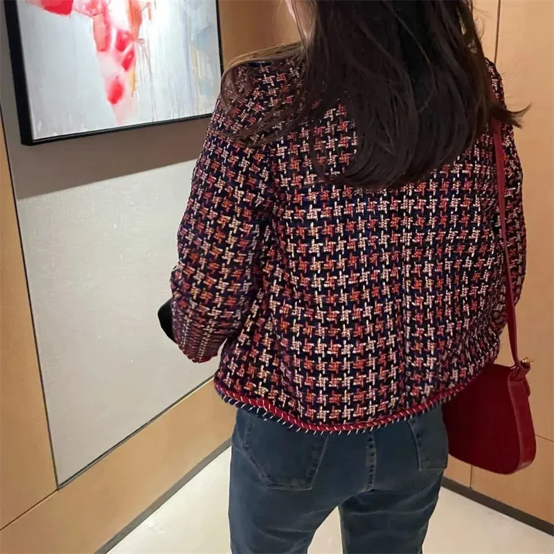 2024 Fashion Weave Tweed Short Jacket Women Autumn Winter Plaid Coarse Woolen Coat Single-breasted Tops Lady Fleece Outerwear