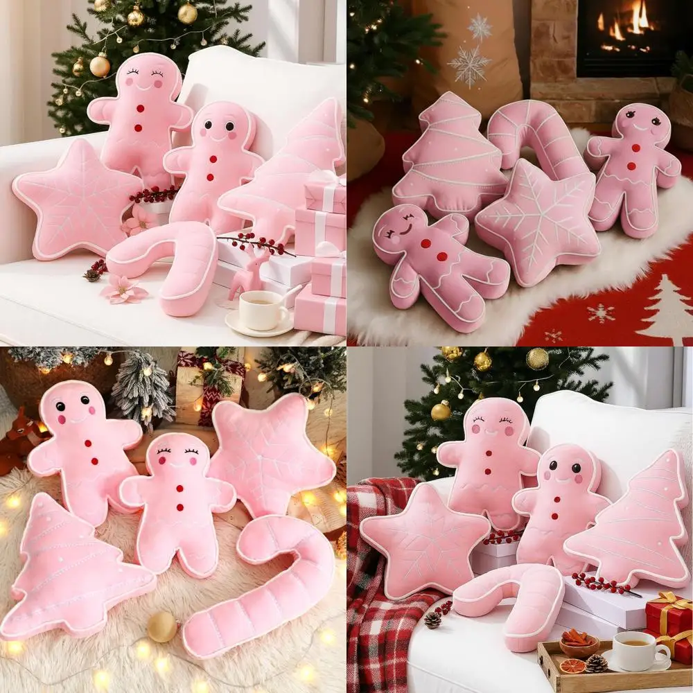 

Pink Gingerbread Tree, Snowflake & Peppermint Christmas Throw Pillows Set of 5 for Festive Home Decor