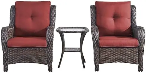 3-Piece Wicker Bistro Set with Chair & Side Table (Brown/Red)