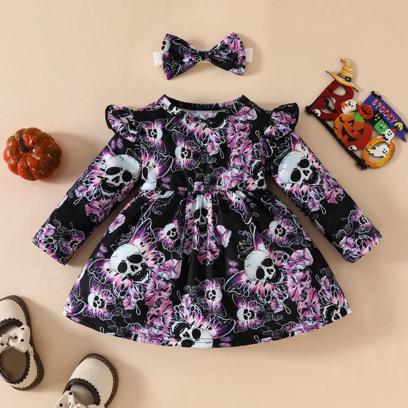 

Halloween Children Costume Cute Girl Dress Long Sleeve Butterfly Skeleton Print Party Dress Gothic Outfit Baby Girls Clothes