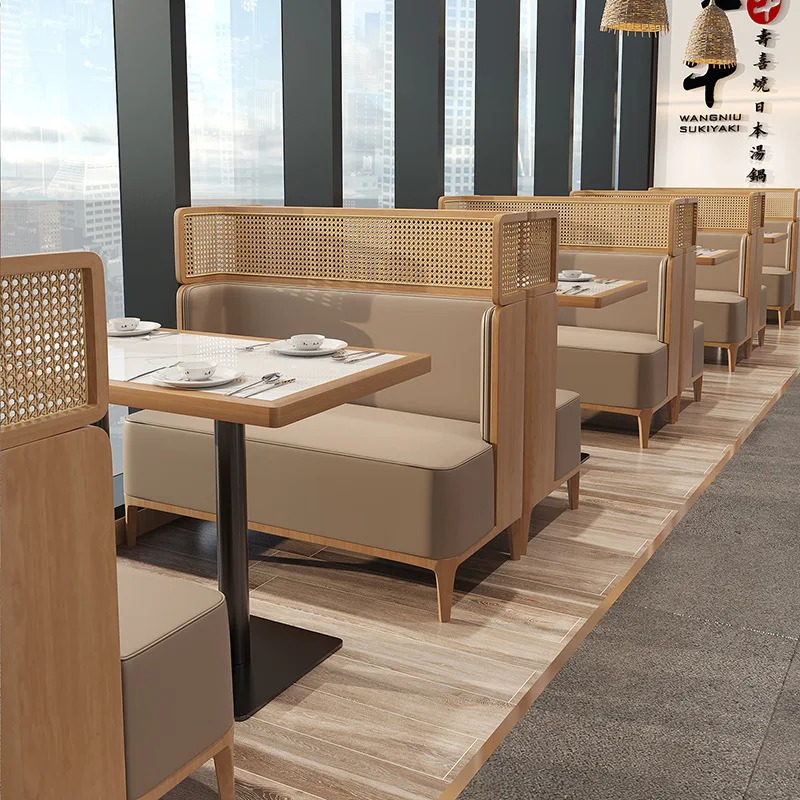 Modern Waterproof Rattan Chair Leather Sofa Booth Seating Marble Tabletop For Restaurant Coffee Shop Hotel