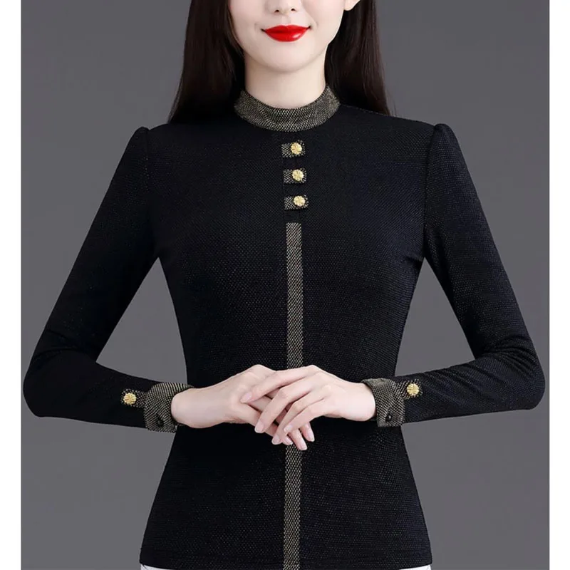 

2023 New Autumn and Winter Fashion Simple Standing Neck Button Bottom Shirt Temperament Commuting Slim Fit Women's Underlay Top