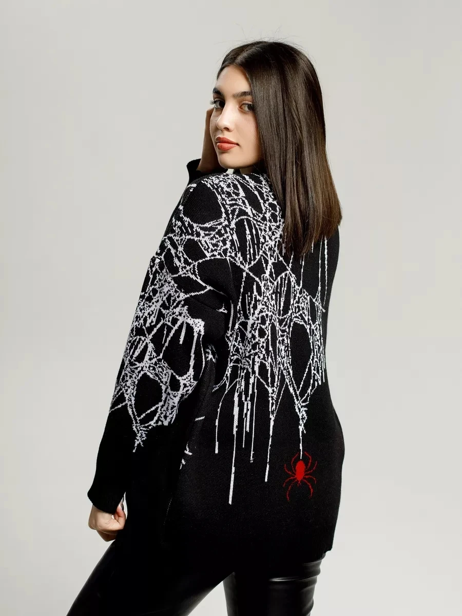 Women's Y2K Oversized Spider Web Print Gothic Hip Hop Streetwear Sweater Spider Print Loose Long Sleeve Sweater