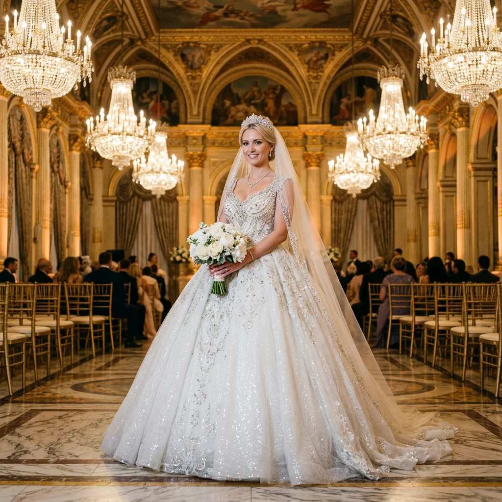 Sparkly V Neck Beaded Ball Gown Wedding Dress Sleeveless with Cathedral Train Bridal Gown