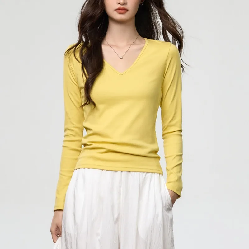 

Pure cotton skin-friendly and versatile V-neck new slim-fitting and thin long-sleeved T-shirt women's bottoming shirt top