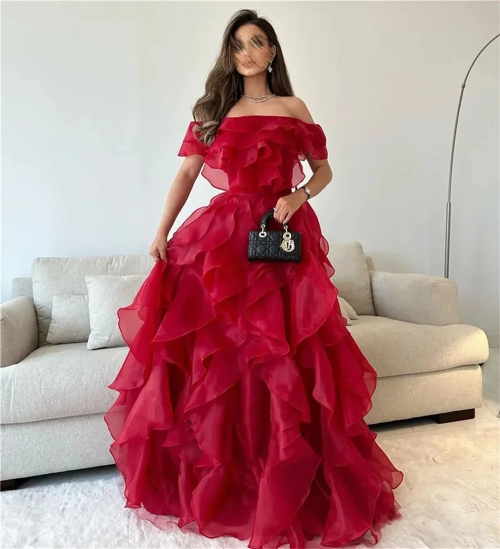 Amanda 2024 Gorgeous Dark Pink Vestido De Novia Shiny Organza Evening Dress Sexy Off Shoulder Edge Curl Prom Dress 2024