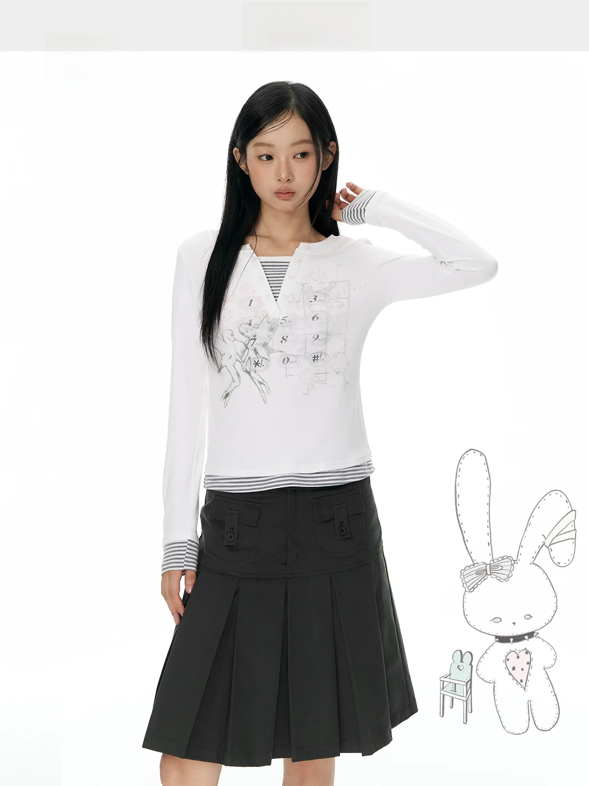 YUPH Original Y2K Slim Fit Long Sleeve T-Shirt Fake Two-Piece Stripe Splicing V-Neck Half Open Korean Style Women's Top