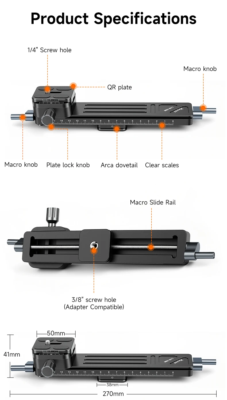 XILETU Makro Focus Rail Slider Schnellwechselplatte für DSLR, 5 kg, Desktop Outdoor Time-Lapse Close-up Makrofotografie – Detail 11