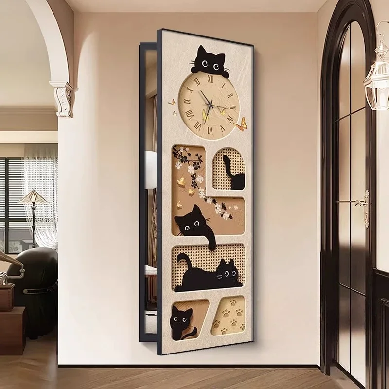Kitten Wall Clock French Style Hidden Full-length Mirror Decorative Painting Open or Push-pull Style Entrance Hall Clock Mural