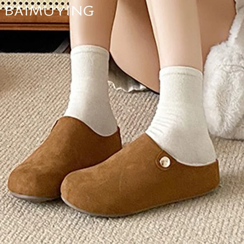 Fur Women Cotton Slippers Flats Suede Mules Shoes Fashion Slingback Boots Woman 2025 Trend Winter Fashion Casual Female Botas