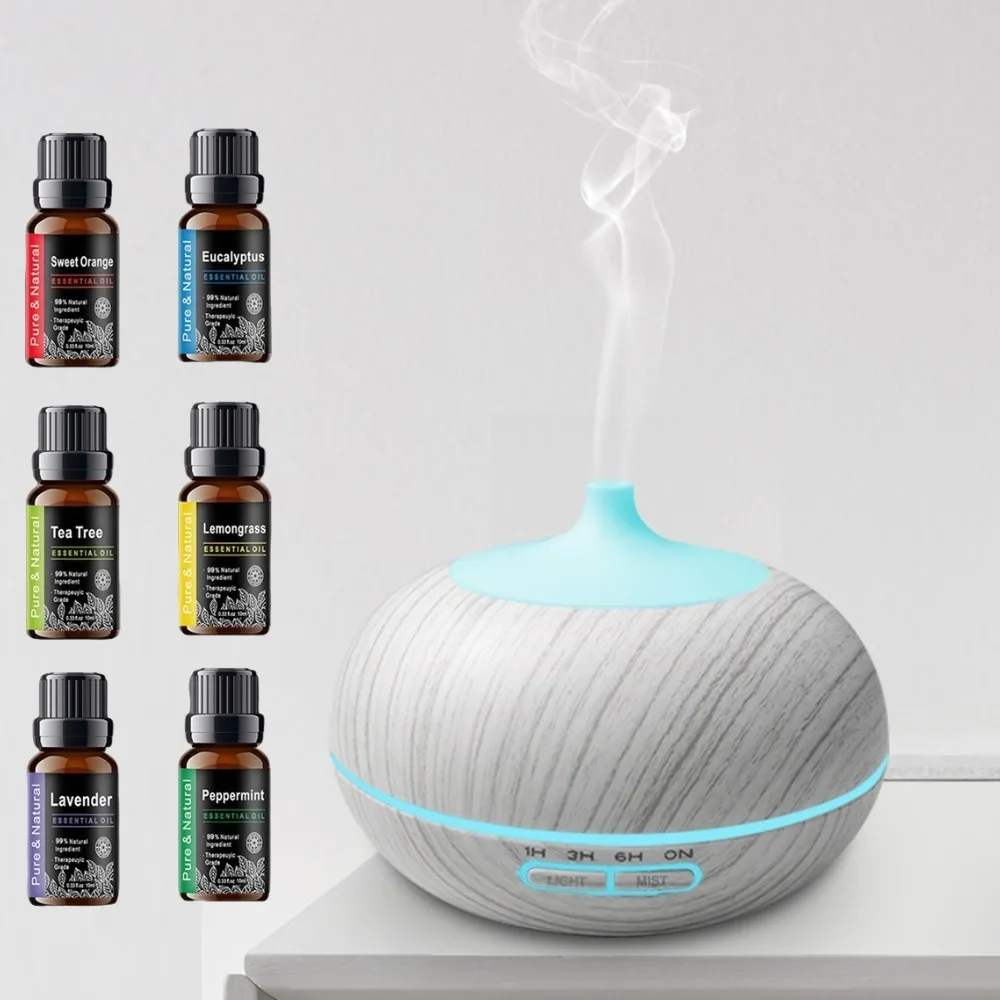 Ultra-Quiet Aromatherapy Diffuser Wood Grain Design Humidifier, 550ml Tank 7 LED Colors Remote Control 6 Free Essential Oils