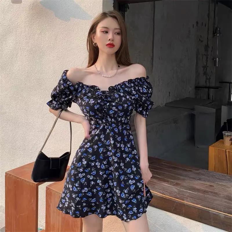 KPOP Women\'s Dress 2022 Summer New Sweet Broken Flower Mini Dresses Puff Sleeve Square Neck Dress Korean Style Girlish Sundress