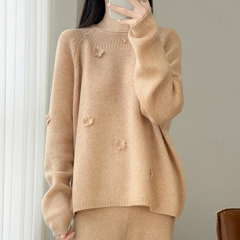 Fashion Women's Sweater 100% Pure Wool Women's Knitted O-neck Pullover Upscale Solid Color Women's Long Sleeves