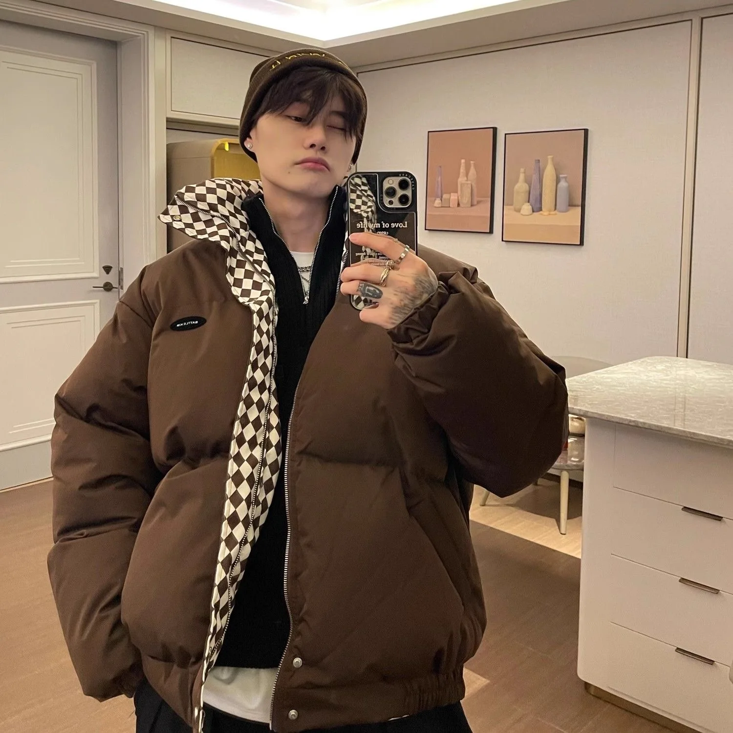 

American checkerboard patchwork stand up collar cotton jacket for men and women, thick winter ins versatile bread jacket