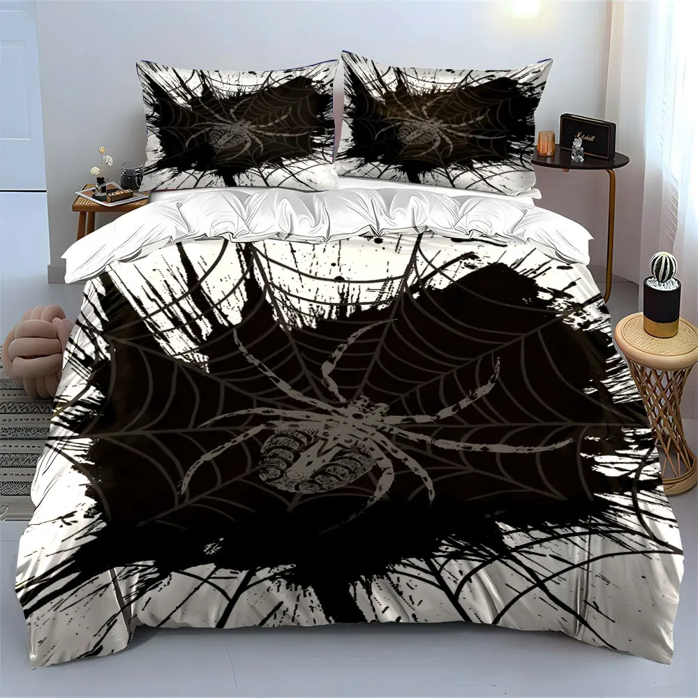 Gray spider with dark web Pattern Duvet Cover Set Digital Print Colorful Polyester Bedding with Zipper Closur for kids gifts