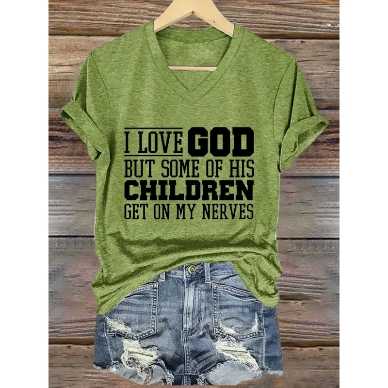 ilstile Women's Love God Letter Print T-Shirts Summer Short Sleeve Casual V Neck Tops Tees Black White Blue Green T Shirt NEW