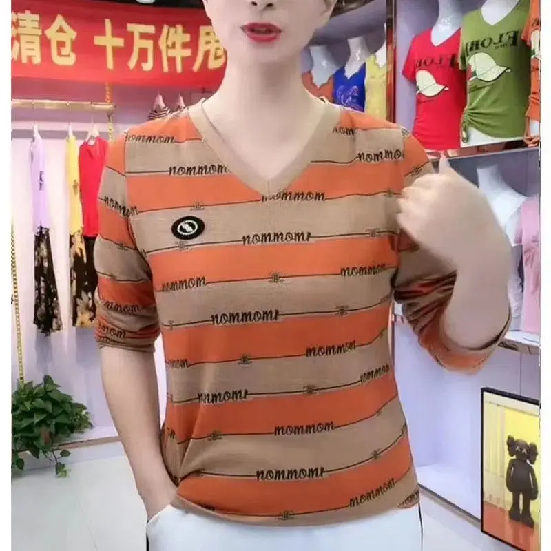 Nowa, swobodna, prostota koszulka w paski z dekoltem w szpic dla kobiet, jesienna, dopasowana bluzka z długim rękawem, odzież damska