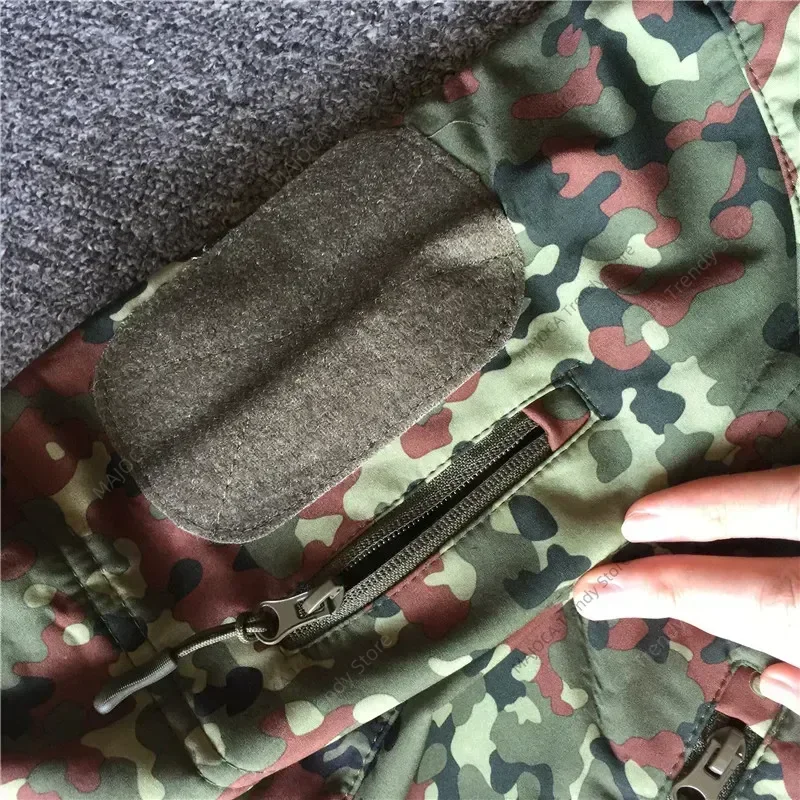 German Flecktarn Camo Uniform Jungle Softshell Jacket TAD-fit Fleece Hooded Trench Coat