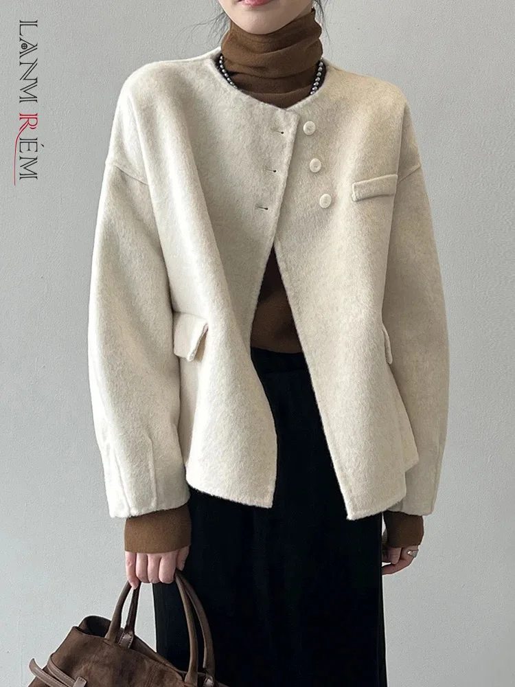 

[LANMREM] Minimalism Woolen Blazers For Women Round Neck Single Breasted Office Lady Warm Coats Fashion 2024 Winter New 26C1080