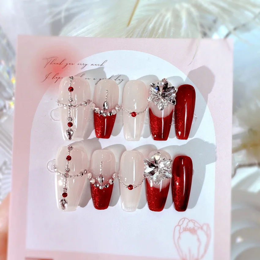 Handmade Grande Decoração De Cristal, Pressione nas unhas, Vermelho Noiva Francesa, Wearable Patches De Unhas Falsas, Glitter Rhinestone, Dicas Falsas, 10pcs