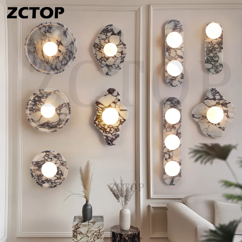 Round Luxury Natural Stone Wall Lamp Living Room Background Wall Light Bedroom Home Decor Bedside Light Hallway Lighting Fixture