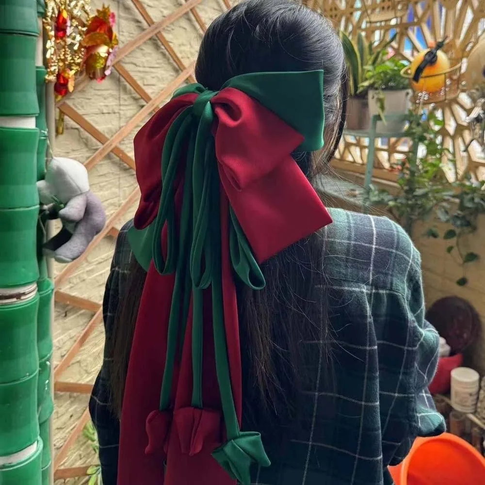 

Заколка для волос большого размера из сплава с бантом контрастного цвета, 4-слойная атласная лента, головной убор, рождественский аксессуар для волос с милым принтом, фестиваль