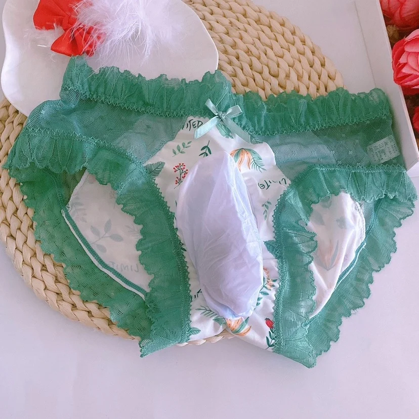 

Man Sexy See Through Lace Ice Silk Briefs Sissy Cute Bow Ruffled Floral Panties Erotic Panty Nightclub DJ Club Private Party BF