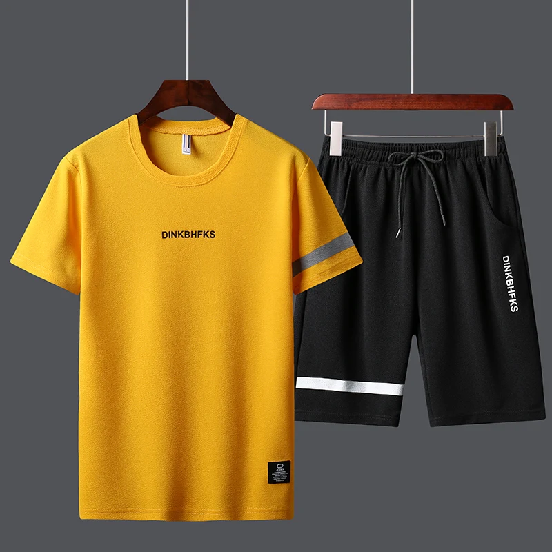 Summer Men Casual Tracksuit Letter Graphic Short Sleeve Tee + Striped Shorts Set Drawstring Loose Daily Wear Athletic Sport Suit