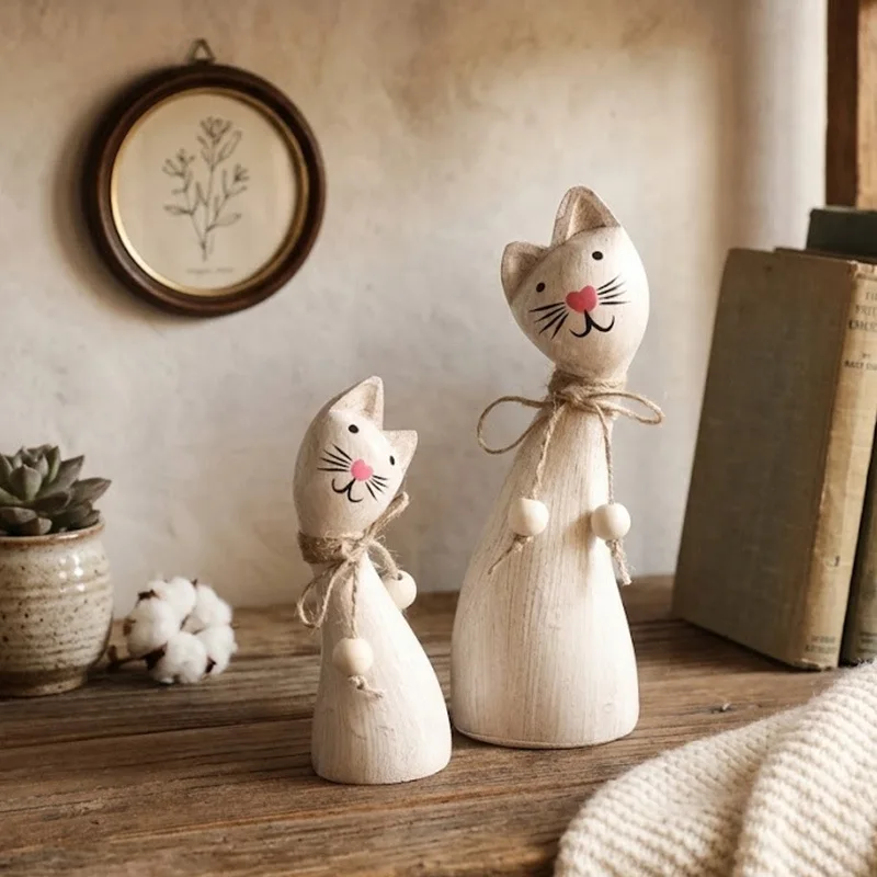 Nordic Wooden Couple Cat Sculpture Ornament Living Room Wine Cabinet TV Cabinet Entrance Animal Furnishings Crafts Birthday Gift