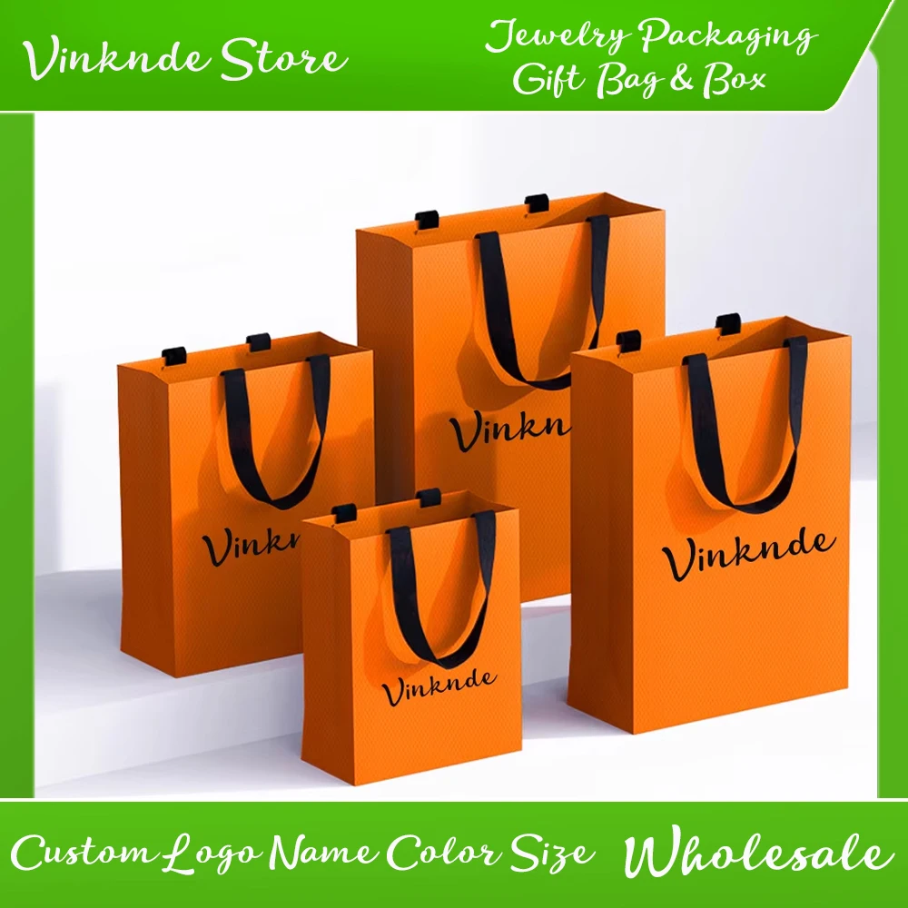 

Custom Logo Orange Paper Bags with Strong Handle Jewelry Clothing Shoe Merchandise Retail Packaging Gifts Wedding Birthday Party