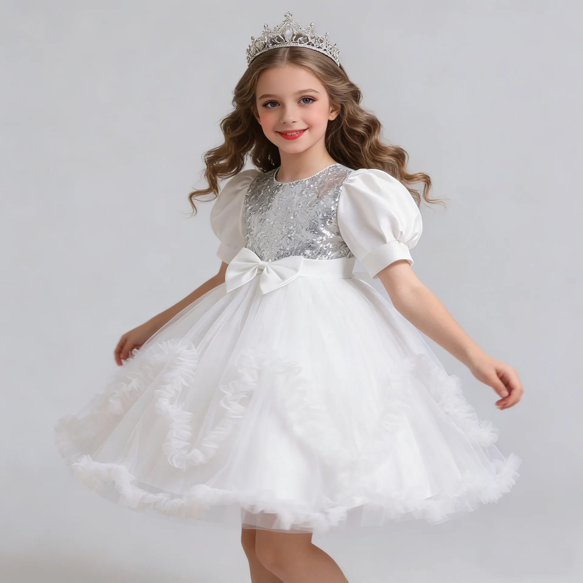 2026 New Girls' Princess Dress Puff Sleeve Sequin Tulle Tutu Big Bow Flower Girl Luxury Wedding Birthday Party Gown Kids 2-10Y