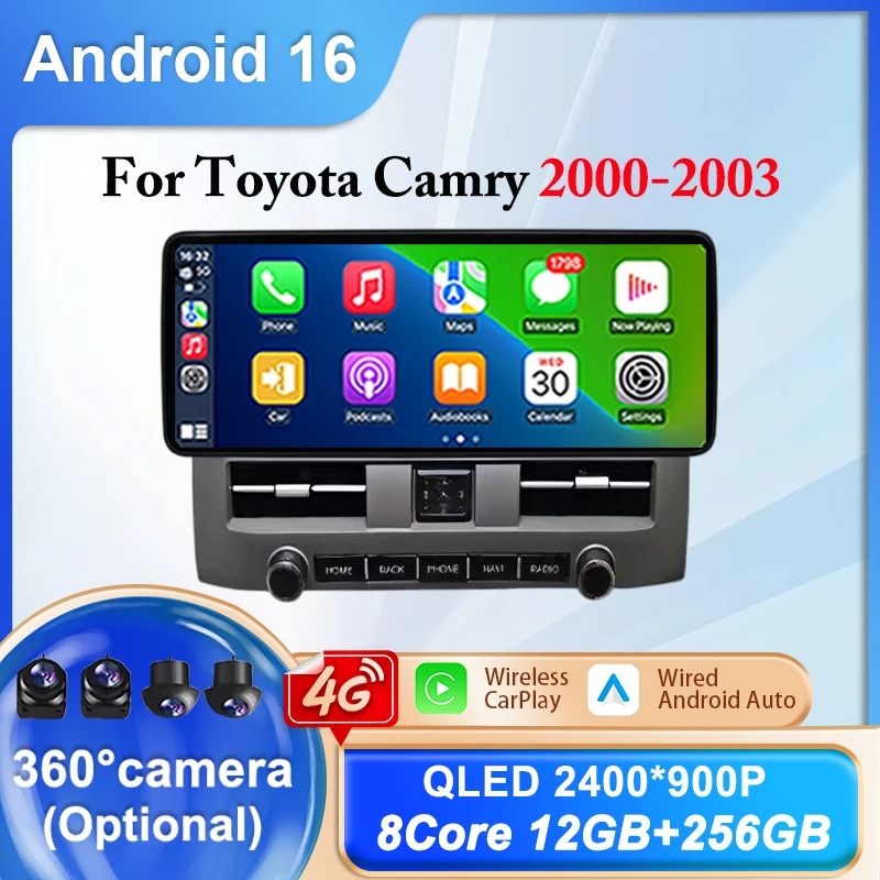 

Для Toyota Camry 2000-2003 Android 16 12,3-дюймовый экран мультимедийный беспроводной CarPlay головное устройство мультимедийный плеер автомобильный радио стерео