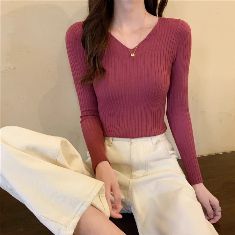 

Spring and Autumn Thin 2025 New V-neck Slim Long Sleeve Base Knit Top Low-neck Inner Sweater Women Autumn and Winter