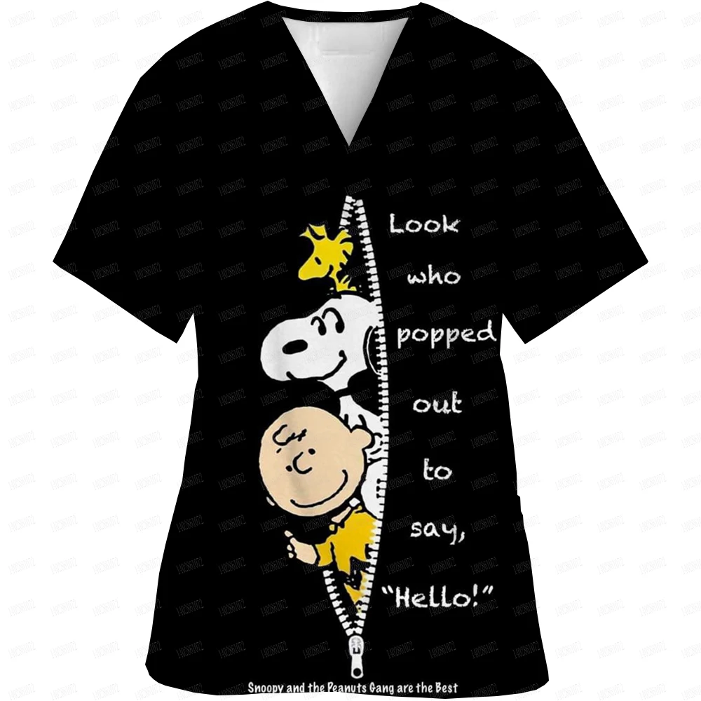 

Snoopy print Working Nurse Uniform Women Short Sleeve Pocket Blouse Scrubs Tops Nursing Medical Accessories oversized tshirt