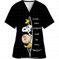 Snoopy print Working Nurse Uniform Women Short Sleeve Pocket Blouse Scrubs Tops Nursing Medical Accessories oversized tshirt