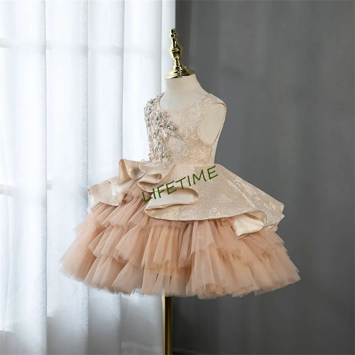 

Luxury Champagne Flower Girl Dress Ruffles Pearls Beading Prom Formal Gown for Baby Birthday Wedding Party J