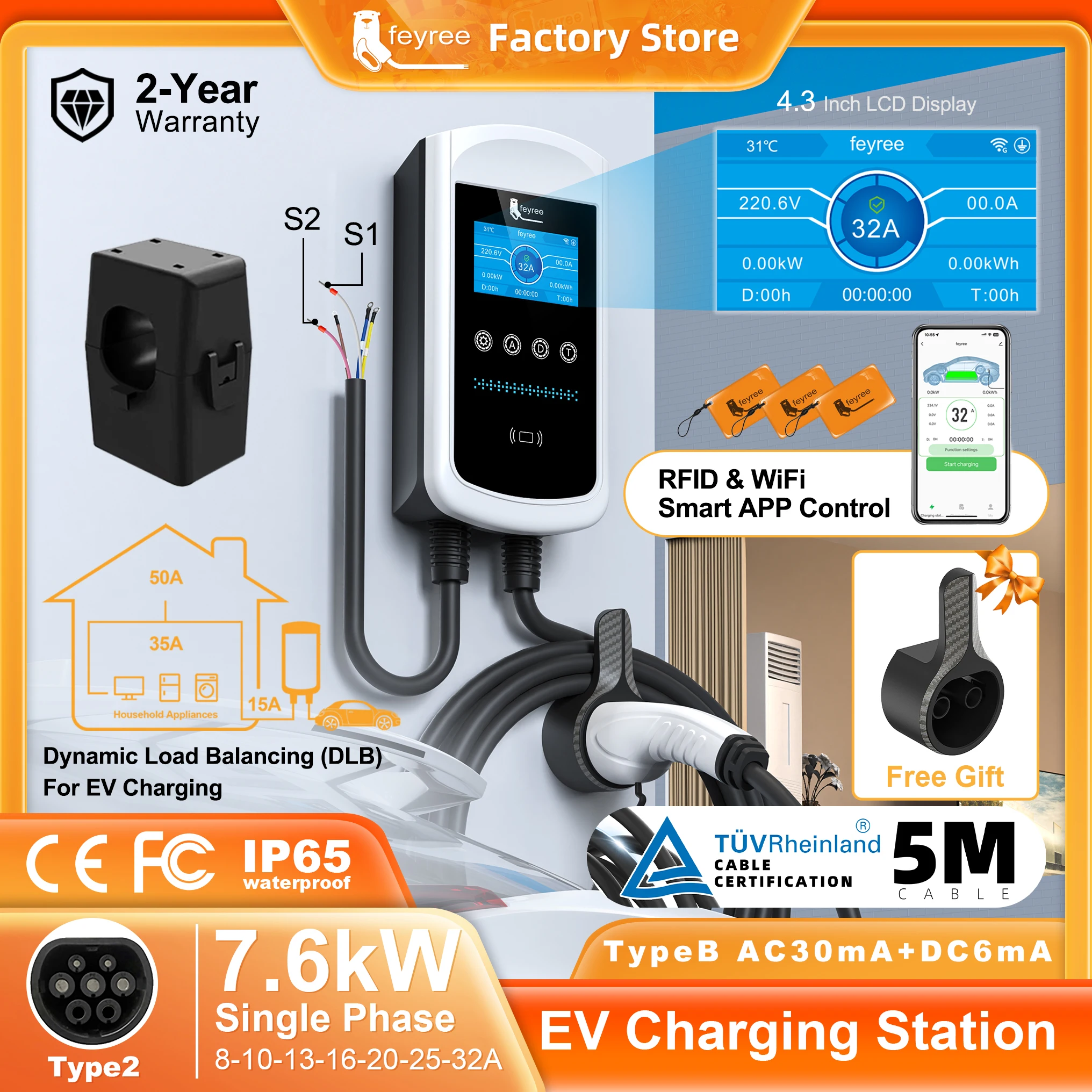 Chargeur EV Type 2 Feyree avec écran 4,3 pouces, 32A, 7,6 kW, équilibrage dynamique de la charge, 11 kW, 22 kW, triphasé, borne de recharge murale EVSE avec application et historique de charge