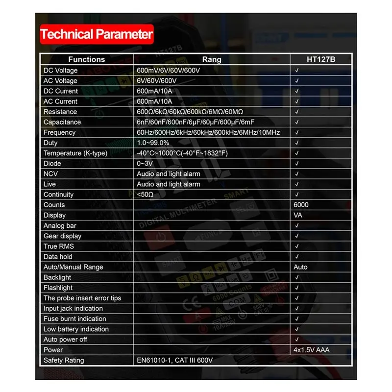 A20I  HT127B Digital Multimeter 6000 Counts Universal Meter Auto Range True RMS Mini Multifunctional Meter NCV Tester