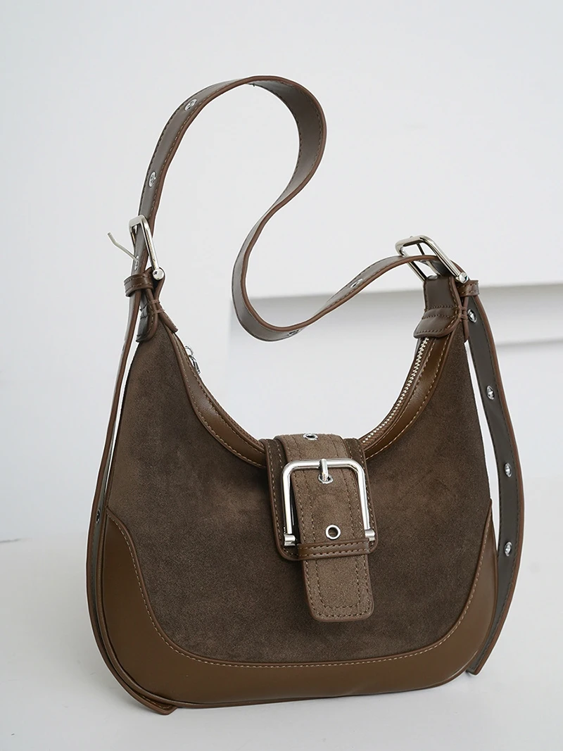 

Vintage Suede Motorcycle Bags New Genuine Leather Buckle Design Crossbody Bags Women Autumn/Winter Cool Girls Underarm Bags