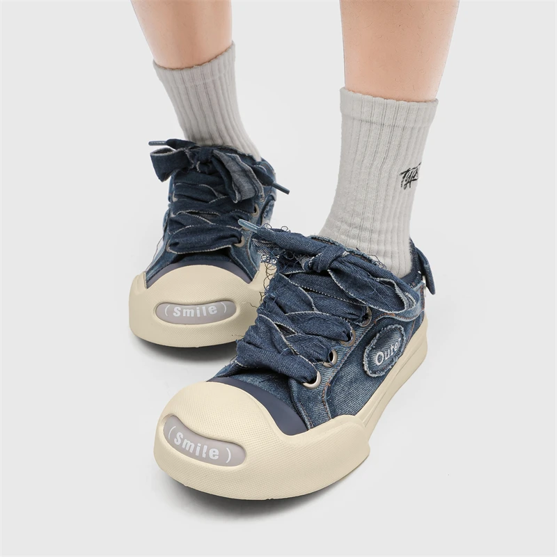 

Original Design Street Style Teenagers Daily Dress Flat Sneakers Men Denim Blue Canvas Breathable Causal Hight Increasing Shoes