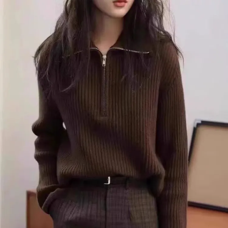 

Полуоткрытая молния во французском стиле, воротник-поло, 100% шерсть, вязаный свитер, женский осенне-зимний свободный базовый свитер