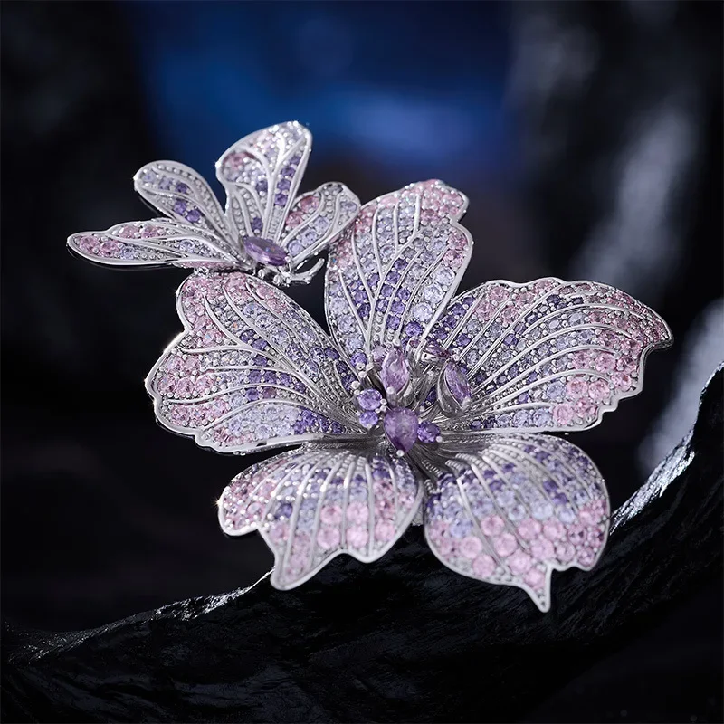 Брошь Фаленопсис высокого класса с фиолетовым и розовым цирконом, элегантный и роскошный аксессуар для костюма и званого ужина9521